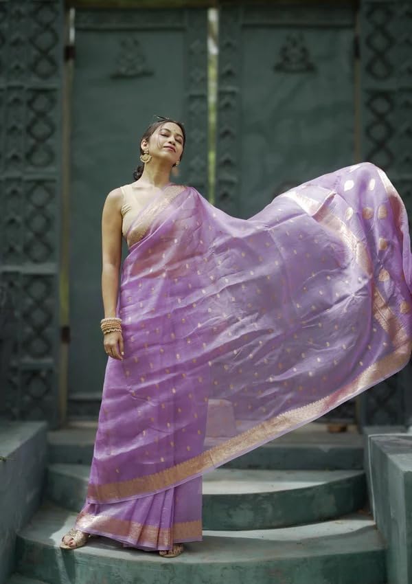 Flosive Women's Beautiful Light Shine Cotton Linen Wedding Saree With Blouse (Lavender)
