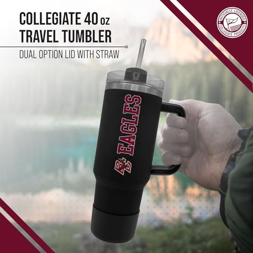 Image of Boston College Eagles 40 oz Tumbler with Handle and Straw - Black | Officially licensed Boston College Eagles insulated tumbler - Go Eagles; vacuum-sealed stainless steel; straw included