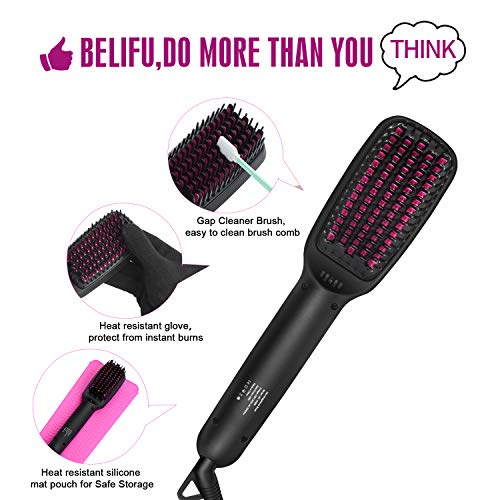 Belifu Ionic Hair Straightener Brush Dual Voltage with Silicone Mat Pouch for Safe Storage, Straightening Comb Protect Sensitive Scalp, 30s Fast Ceramic Heating, Auto Off,with Comb Cleaner and Glove - Thumbnail 2