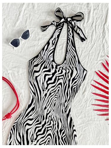 SOLY HUX Women's Zebra Striped Halter Maxi Dress Sleeveless Asymmetrical Split Bodycon Party Vacation Long Dresses3