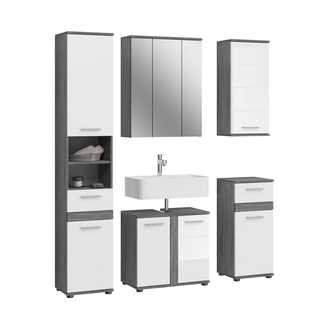 Meublorama Conjunto de Muebles de baño William – Gris Oscuro y Blanco – 164x191x34 cm – 6 Puertas, 2 cajones