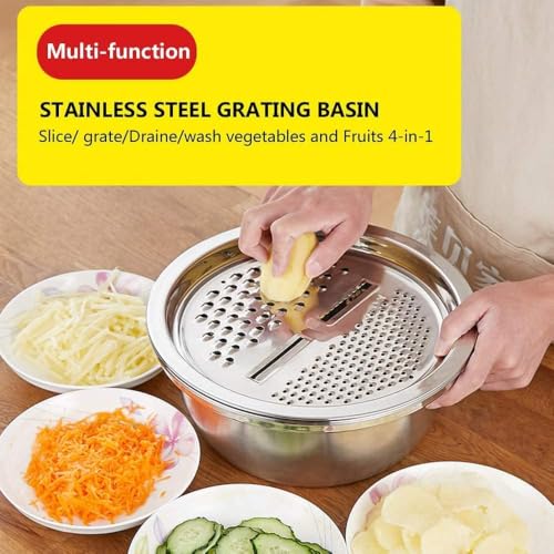 Image of Stainless Steel Colander with Mixing Bowl Set - Heavy Duty Microporous Strainer Basket for Washing Rice, Fruits & Vegetables (3 in 1 Strainer Drainer Cutter)