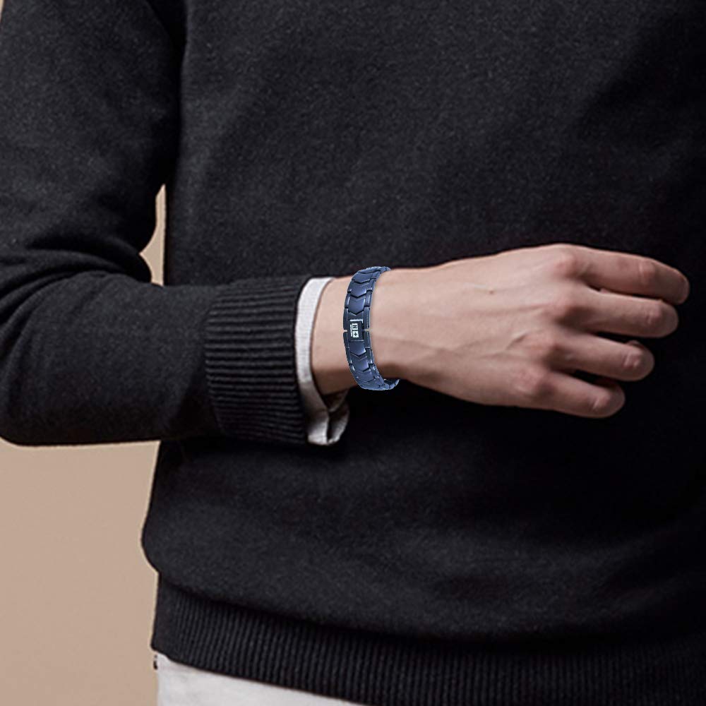 HAQI Bracelet magnétique pour hommes en acier inoxydable element bracelet magnétique avec outil de suppression de taille réglable et boîte - cadeau (22 cm, Bleu)