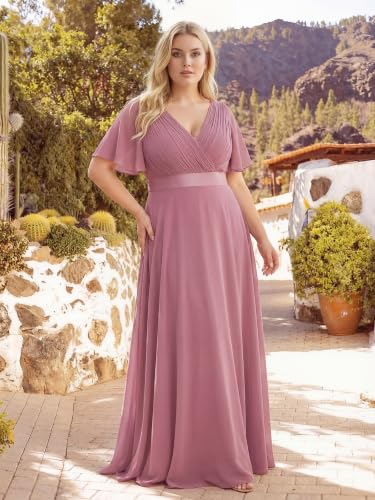 Image of Ever-Pretty Women's Chiffon Formal Evening Dresses for Curvy Women V-Neck Plus Size Floor Length Bridesmaid Dress