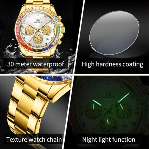 Image of OLEVS Watch for Men Luxury Gold Diamond Chronograph Business Wristwatch with Analog Quartz, Date Calendar, Stainless Steel Band, Luminous Hands, Waterproof