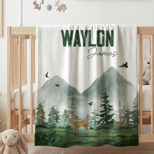 Image of Personalized Baby Blanket for Boys Girls, Custom Name Baby Deer &Forest, Woodland Animals Baby Blankets for Son Daughter, Super Soft Fleece Blanket, Lightweight Bed Throw Nursery Blanket