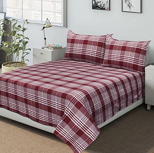 Image of AIRWILL, 200GSM Handloom Cotton Double Bedsheet with 2 Pillow Covers (Track Dobby Maroon)