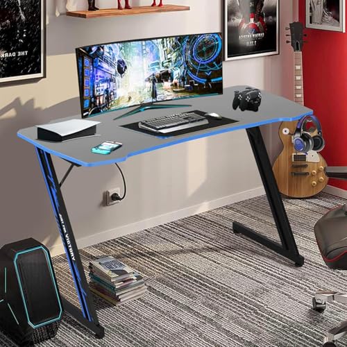 Image of 47 Inch Modern Gaming Desk for Home Office, Z Shaped Computer Desk for Teen, Large PC Gaming Table Adjustable Feet with Headphone Hook & PVC Surface