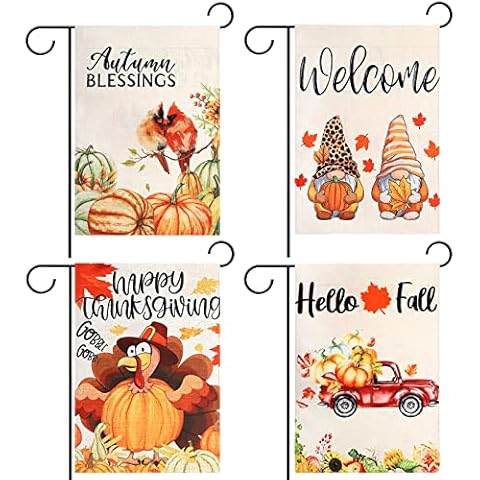 4 Pack Fall Garden Flags, 12×18 Inch Double-Sided Burlap Autumn Gnomes Pumpkin Thanksgiving Garden Flag, Cardinal Truck Welcome Outdoor Yard Flag for Autumn Outdoor Decoration (Fall) Cover