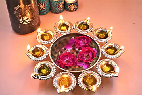 Optima-Traders-12-Inches-Metal-Urli-Bowl-for-Water-Floating-Flowers-and-Tealight-Candle-Holder-for-Festival-Vastu-Pooja-and-Home-Decoration-10-Diyas
