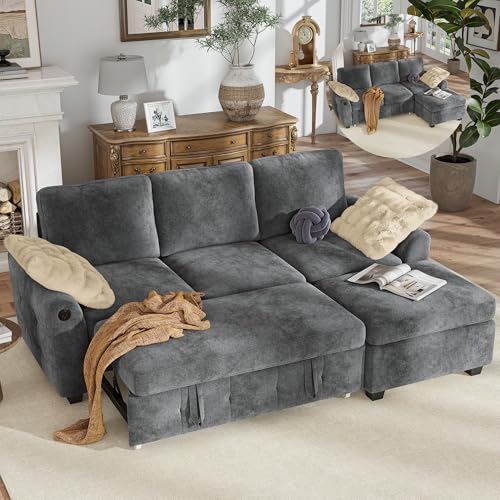 Image of Hanherry 81 inch Sectional Couch with Pull Out Sofa Bed,Chenille Sleeper Sofa with Storage Ottoman & USB Charging,Comfy L Shaped Modular Couches for Living Room,Apartment