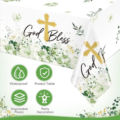 Image of Ganeen 3 Pcs Green God Bless Baptism Tablecloth Disposable Plastic Table Covers First Holy Communion Waterproof Tablecloths for Christening Celebration Baby Shower Religious Decor, 54 x 108 Inch