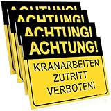 PRINTIMA 4x Schild "ACHTUNG! KRANARBEITEN – ZUTRITT VERBOTEN!" 32x21cm aus wetterfestem PVC – Warnschild mit Montagematerial – Sicherheitskennzeichnung für Baustellen & Hebezonen