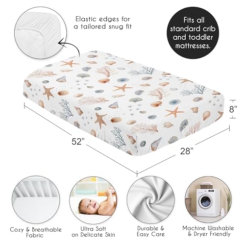 Image of Sweet Jojo Designs Fitted Baby Crib Sheets (Ocean Seashells) for Boys or Girls, Infant Nursery, Toddler Room - Standard Size (Nautical, Watercolor, Starfish, Coastal, Sea Shell, Aquatic Nature, Taupe)