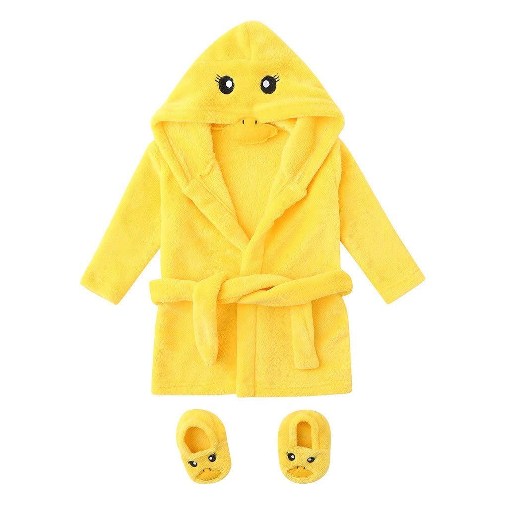Vêtements de Nuit Bébé Sortie de Bain À Capuchon Garçons Filles Peignoir pour Enfant 0-12 Mois,Dessin animé Petit Canard Jaune Service à Domicile + Chaussures 2pcs Bébé Ensembles