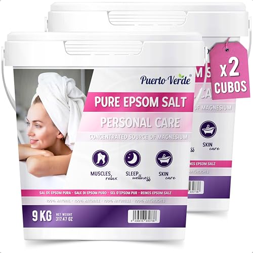 Puerto Verde • Sal de Epsom Pura 2x9 Kg. Fuente Concentrada de Magnesio. Sal de Baño y Cuidado Personal. Sales Epsom de Rápida Disolución para Relajación Muscular y Buen Sueño. Producción Española.