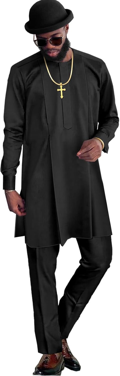 SEA&ALP Men's African Suit Dashiki Traditional Top Shirt Pants 2-Piece Set Outfits Nigerian Casual Clothing Attire