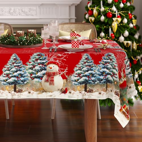 Christmas Tablecloth Rectangle 60x84 Inch, Red Snowman & Pine Tree Table Cloth, Winter Snow Scene Holiday Rectangular Table Cover, Waterproof and Washable Xmas Dining Room Decoration