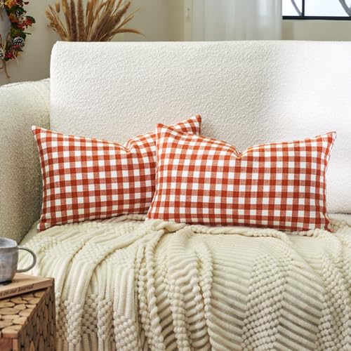 Fall Burnt Orange Plaid Gingham Outdoor Lumbar Pillow Covers 12x20 Set of 2