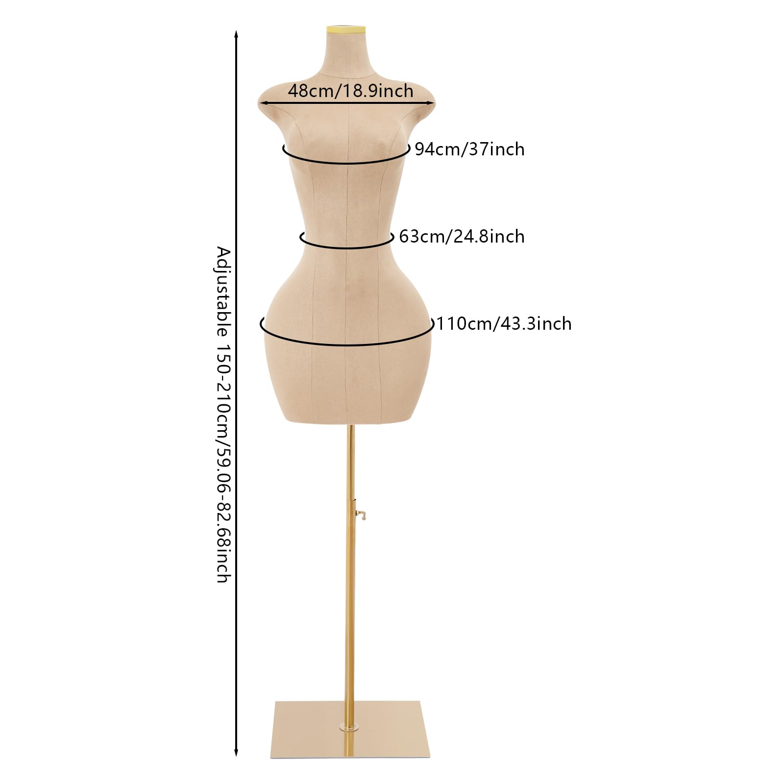Schneiderpuppe | Schaufensterpuppe Weiblich | Mannequin | Höhenverstellbar (150-210cm) | Kleiderpuppe | PU & Metall | Für Boutiquen & Ateliers | Mit Standfuß (Gold)