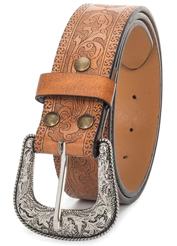 Vintage-Western-Belts with Carved-Buckle for Women,Adjustable Embossed-Floral Cowboy-Cowgirl-Belt Fit 28-38''Waist4