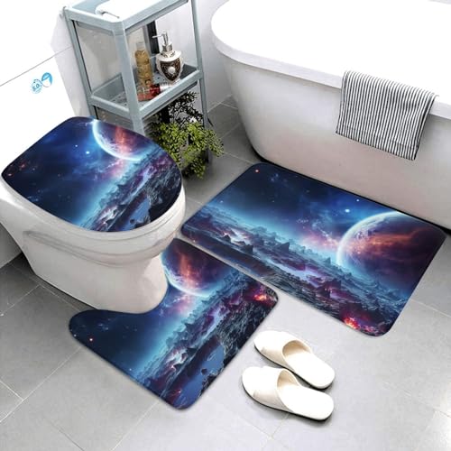 Dwrepo 3D Planet Space Stars Print Bathroom Rug Set 3 Piece with Non-Slip U-Shaped Contour Mat and Toilet Lid Cover for Bathroom Decoration