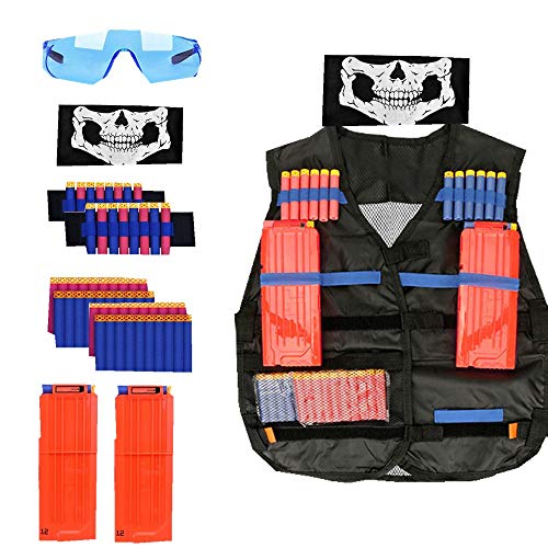 W-family Kids Tactical Vest Kit for Nerf Guns N-Strike Elite Series, with 40 Pcs Refill Darts + 2 Quick Reload Clips+ Face Mask + 2 Hand Wrist Band + Protective Glasses