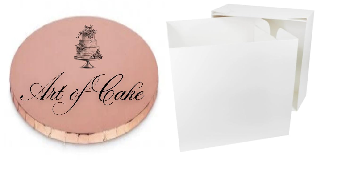 Art of cake® 10" Rose Gold Glossy Masonite Cake Board (5mm) and White Tall Cake Box (10")