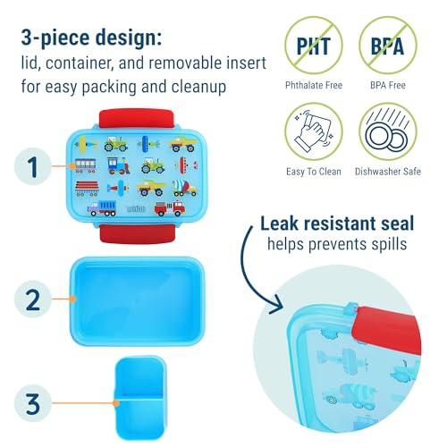 Image of Wildkin Reusable Food Container for Kids - Airtight, Leak Resistant, Dishwasher Safe - Trains, Planes & Trucks