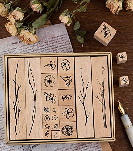 Tosnail 20 Pieces Wood Rubber Stamps, Flower And Branch Decorative Wooden Stamps For Diary, Letters, Scrapbook, Card Making, Crafts #TOP7