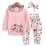 Baby Kleidung 3er Set: Blumen Hoodie Hose Bogenstirnband. Praktische Taschen, Langarm floral Hoodie Tops und lange Hosen halten Babys im Herbst und Winter warm.