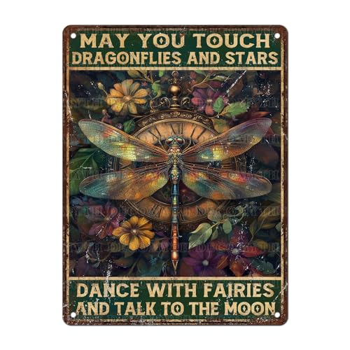 Vintage Dragonfly Tin Sign May You Touch Dragonflies And Stars Dance With Fairies And Talk To The Moon Retro Metal Poster Funny Wall Art Cafe Toilet Farm Room Garden Plaque Outdoor 12 * 16inch