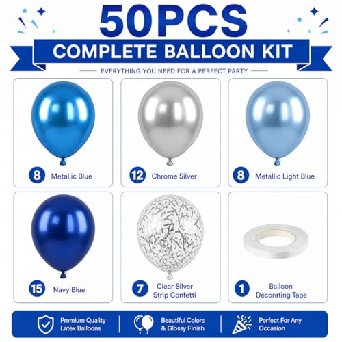 Image of Blue and Silver Balloons, 50PCS 12 Inch Metallic Blue Silver Balloons Dark Navy Confetti Party Latex Balloon Baby Blue Mixed Balloon for Birthday Graduation Shower Wedding Retirement