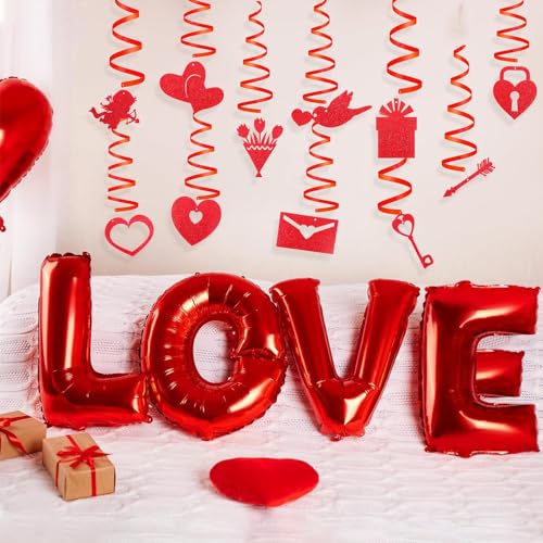 Image of Festiko Cardstock 11 Pcs Valentine's Day Hanging Swirl Decorations (Swirls 2), Red Hearts Swirls For Love Decoration