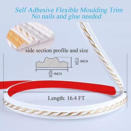 Huaesem Flexible Molding Trim Self Adhesive, 25/32 Inch X 16 Feet, Crown Molding Ceiling Molding, Wall Trim For Furniture/Door/Wardrobe/Home Decor No Paint, White&Gold #TOP1