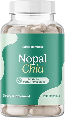 Santo Remedio Nopal Chia, cactus, tuna y chía en polvo, ingredientes clínicamente probados, sin gluten, sin OMG, sin azúcar añadida, 120 cápsulas,