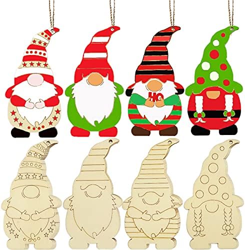 20 Pieces Christmas Wooden Gnome Hanging Ornaments Unfinished Wood Cutouts Slices Elf Wooden Decoration with Rope Christmas DIY Craft Making Painting