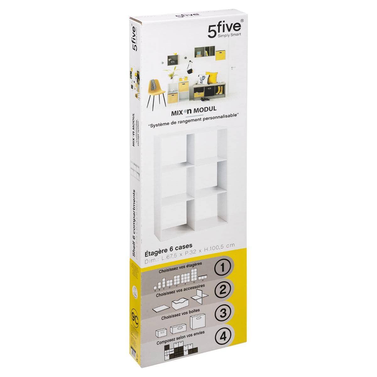 5five - Estantería Mix'n Modul de 6 compartimentos - Efecto madera blanca - Almacenamiento práctico y práctico - An. 67,5 x Pr. 32 x Al. 100,5 cm - Salón, oficina, dormitorio