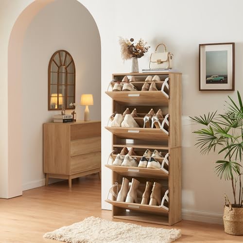 [en.casa] Armario Zapatero Sykkylven Organizador de Zapatos con 4 Puertas para 16 Pares Mueble Zapatero Estrecho para Entrada Recibidor 134 x 60 x 24 cm - Roble Sonoma