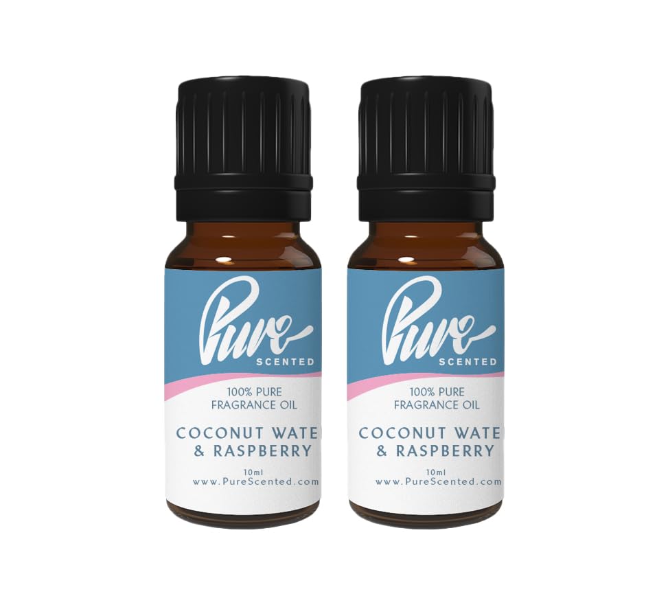Pure Scented 20ml Fragrance Oils - 2 x 10ml Suitable for Candles, Soaps, Slime, Diffusers, Cosmetics, Wax Melts, Designer (2 x 10ml, Coconut Water & Raspberry)