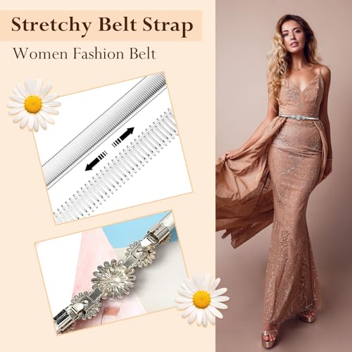 Women Skinny Metal Stretch Belt, Ladies Thin Belts Daisy Buckle Chain Belt Elastic Spring Waist Belt for Dresses Jeans4