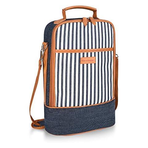 Insulated 2 Bottle Wine Cooler Bag - Wine Cooler Tote Carrier for Picnic, Beach, Wine Lover Gift, Denim Stripe Cover
