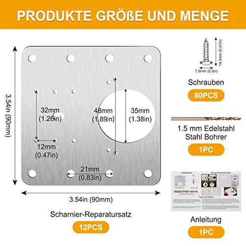 Selizo 12 Stück Scharnier Reparaturset,Edelstahl Reparaturstück für Seitenscharnierplatte mit Schrauben, Küchen Scharnier Reparaturplatte für Schrank Wohnmöbel Schublade Kisten Fenster