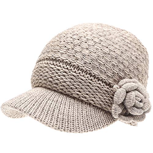 Mirmaru Women’s Knitted Newsboy Hat Double Layer Visor Beanie Cap With Soft Warm Fleece Lining(Waffle Flower-Beige) #TOP10