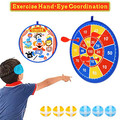 Circus Dart Board for Kids with 6 Sticky Balls and 4 Sticky Dart Double-Sided(13.9 inches),Blindfold Indoor Game ,Carnival Dart Board Set with Hook for Boys Girls Children and Family Time