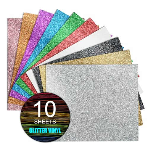 MerryMade Glitter Heat Transfer Vinyl HTV 12x10 Bundle 10 Sheets Glitter Iron on Vinyl for Cricut & Silhouette Cameo - HTV Easy to Cut & Weed for T Shirts Caps & Other Crafting Design(Assorted)