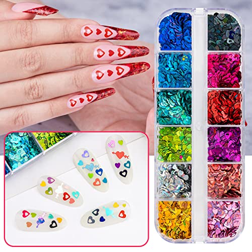 Noverlife 48 Grids Valentine's Day Nail Art Heart Glitters, 3D Holographic Love Heart Nail Sequins, Bling Laser Kiss Lips Nail Confetti Flakes Decals For Valentine Party Romantic Nail Decorations #TOP3