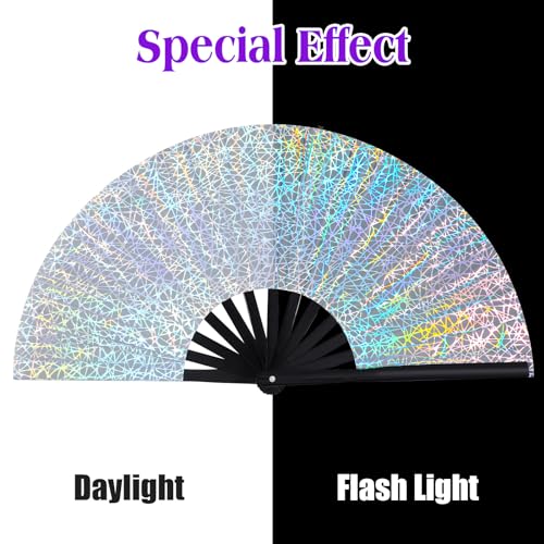 Image of FairySandy Large Rave Fan UV Glow Clack Summer Hand Fan with Thigh Holster for Women Carnival Party Supplies for Carnival Edm Music Festival Club Accessories(Silvery Ripple,Siver)
