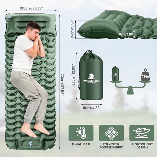 WARMTUYO Isomatte Camping, Ultraleicht Camping Aufblasbare Matratze mit Fußpresse Pumpe und Kopfkissen… – Ansicht 6