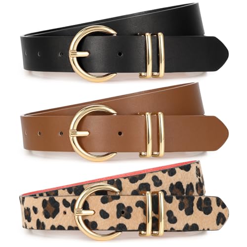 Image of XZQTIVE 3 Pack Women Belts For Jeans Dresses Pants Ladies Leather Waist Belt with Gold Buckle